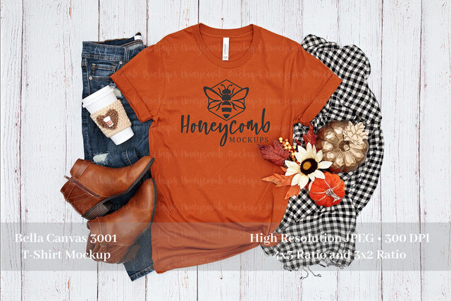 Fall Mockup, Bella Canvas Autumn 3001 Mockup, Thanksgiving Mockup, Orange T-Shirt Mockup Mock Up Photo Honeycomb Mockups 
