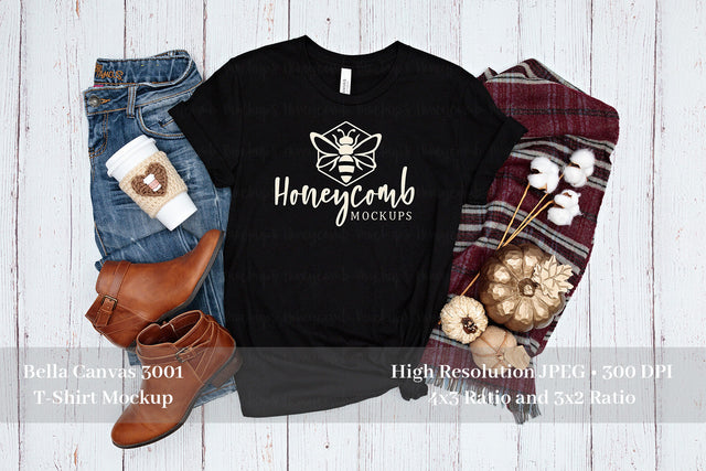 Fall Mockup, Bella Canvas Black 3001 Mockup, Thanksgiving Mockup, Black T-Shirt Mockup Mock Up Photo Honeycomb Mockups 