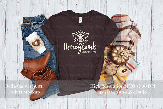 Fall Mockup, Bella Canvas Brown 3001 Mockup, Thanksgiving Mockup, Brown T-Shirt Mockup Mock Up Photo Honeycomb Mockups 