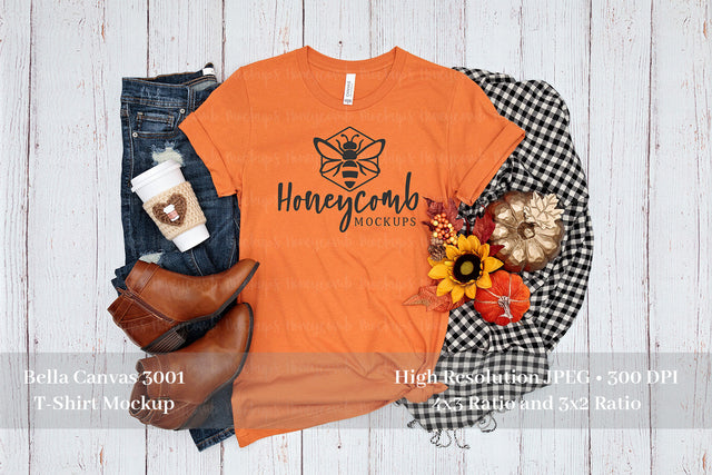 Fall Mockup, Bella Canvas Burnt Orange 3001 Mockup, Thanksgiving Mockup, Orange T-Shirt Mockup Mock Up Photo Honeycomb Mockups 