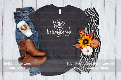 Fall Mockup, Bella Canvas Dark Heather Grey 3001 Mockup, Thanksgiving Mockup, Grey T-Shirt Mockup Mock Up Photo Honeycomb Mockups 