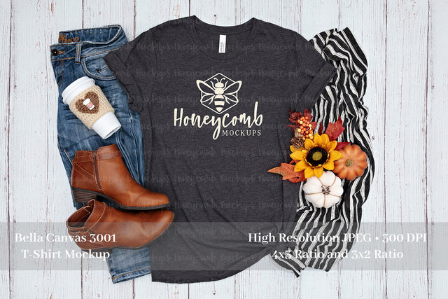 Fall Mockup, Bella Canvas Dark Heather Grey 3001 Mockup, Thanksgiving Mockup, Grey T-Shirt Mockup Mock Up Photo Honeycomb Mockups 