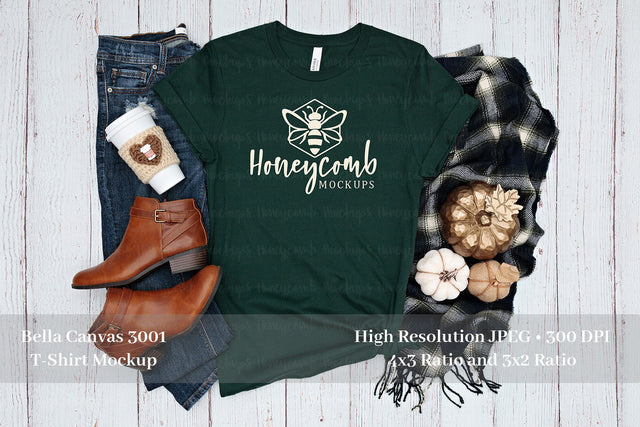 Fall Mockup, Bella Canvas Forest 3001 Mockup, Thanksgiving Mockup, Green T-Shirt Mockup Mock Up Photo Honeycomb Mockups 