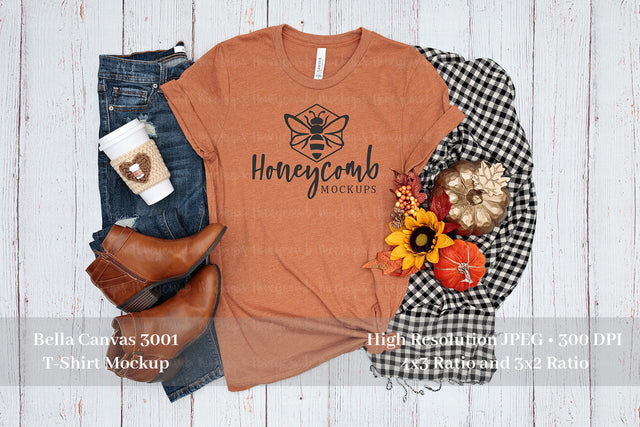 Fall Mockup, Bella Canvas Heather Autumn 3001 Mockup, Thanksgiving Mockup, Orange T-Shirt Mockup Mock Up Photo Honeycomb Mockups 