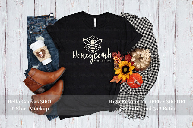 Fall Mockup, Bella Canvas Heather Black 3001 Mockup, Thanksgiving Mockup, Black T-Shirt Mockup Mock Up Photo Honeycomb Mockups 