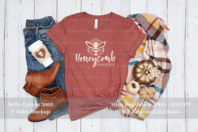 Fall Mockup, Bella Canvas Heather Clay 3001 Mockup, Thanksgiving Mockup, Earthy T-Shirt Mockup Mock Up Photo Honeycomb Mockups 