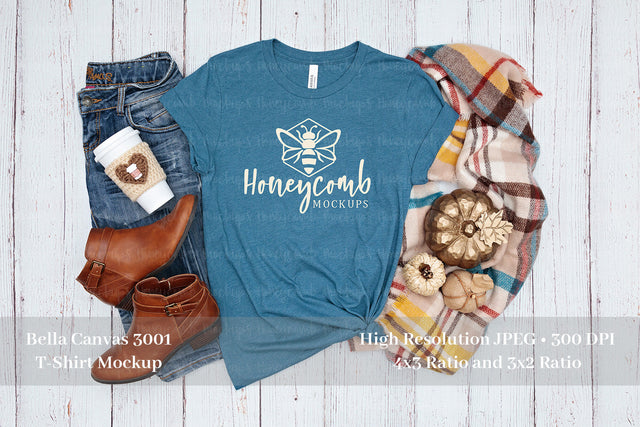 Fall Mockup, Bella Canvas Heather Deep Teal 3001 Mockup, Thanksgiving Mockup, Teal T-Shirt Mockup Mock Up Photo Honeycomb Mockups 
