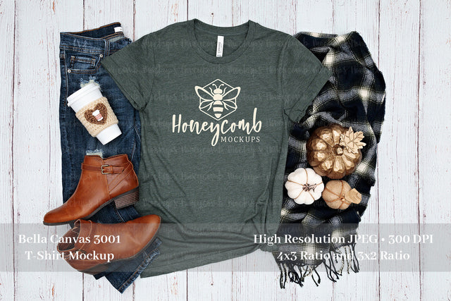 Fall Mockup, Bella Canvas Heather Forest 3001 Mockup, Thanksgiving Mockup, Green T-Shirt Mockup Mock Up Photo Honeycomb Mockups 