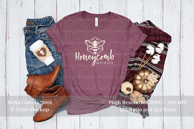 Fall Mockup, Bella Canvas Heather Maroon 3001 Mockup, Thanksgiving Mockup, T-Shirt Mockup Mock Up Photo Honeycomb Mockups 