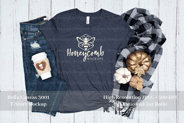 Fall Mockup, Bella Canvas Heather Midnight Navy 3001 Mockup, Thanksgiving Mockup, Navy T-Shirt Mockup Mock Up Photo Honeycomb Mockups 
