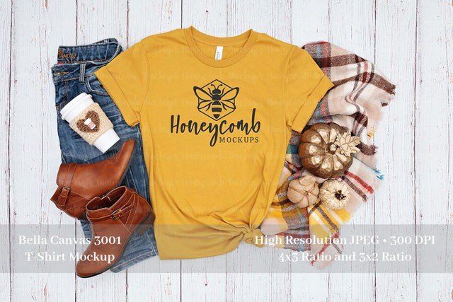Fall Mockup, Bella Canvas Mustard 3001 Mockup, Thanksgiving Mockup, Mustard T-Shirt Mockup Mock Up Photo Honeycomb Mockups 