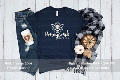 Fall Mockup, Bella Canvas Navy 3001 Mockup, Thanksgiving Mockup, Navy T-Shirt Mockup Mock Up Photo Honeycomb Mockups 