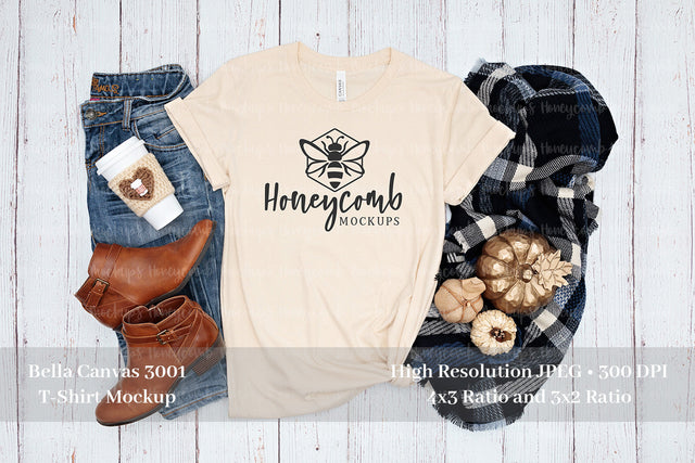 Fall Mockup, Bella Canvas Soft Cream 3001 Mockup, Thanksgiving Mockup, Soft Cream T-Shirt Mockup Mock Up Photo Honeycomb Mockups 