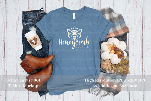 Fall Mockup, Bella Canvas Steel Blue 3001 Mockup, Thanksgiving Mockup, Blue T-Shirt Mockup Mock Up Photo Honeycomb Mockups 