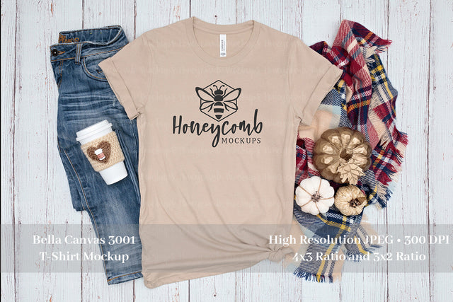 Fall Mockup, Bella Canvas Tan 3001 Mockup, Thanksgiving Mockup, Tan T-Shirt Mockup Mock Up Photo Honeycomb Mockups 