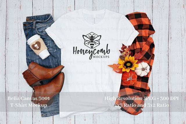 Fall Mockup, Bella Canvas White 3001 Mockup, Thanksgiving Mockup, White T-Shirt Mockup Mock Up Photo Honeycomb Mockups 