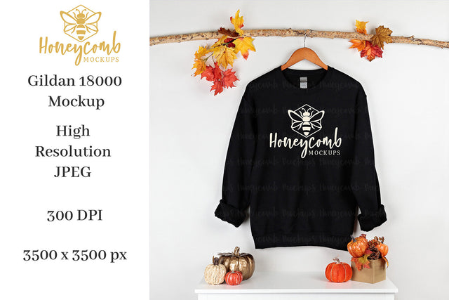 Fall Mockup, Black Gildan 18000 Mockup, Thanksgiving Mockup, Sweatshirt Mockup Mock Up Photo Honeycomb Mockups 
