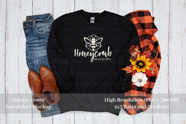 Fall Mockup, Gildan 18000 Black Sweatshirt Mockup, Thanksgiving Mockup, Black Sweatshirt Mockup Mock Up Photo Honeycomb Mockups 