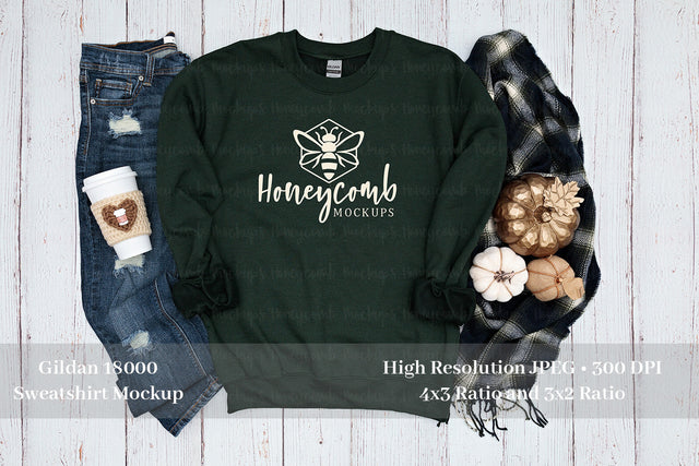Fall Mockup, Gildan 18000 Forest Sweatshirt Mockup, Thanksgiving Mockup, Forest Green Sweatshirt Mockup Mock Up Photo Honeycomb Mockups 