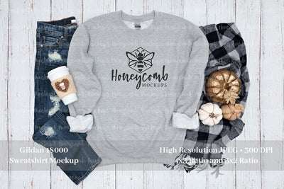 Fall Mockup, Gildan 18000 Sport Grey Sweatshirt Mockup, Thanksgiving Mockup, Grey Sweatshirt Mockup Mock Up Photo Honeycomb Mockups 