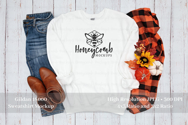 Fall Mockup, Gildan 18000 White Sweatshirt Mockup, Thanksgiving Mockup, White Sweatshirt Mockup Mock Up Photo Honeycomb Mockups 