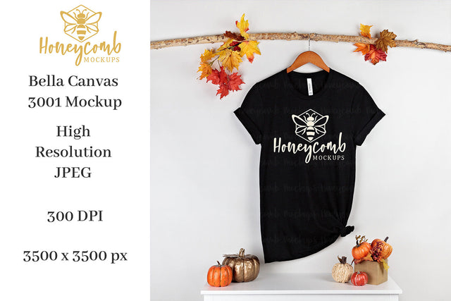 Fall Mockup, Heather Black Bella canvas 3001 Mockup, Thanksgiving Mockup, T-Shirt Mockup Mock Up Photo Honeycomb Mockups 