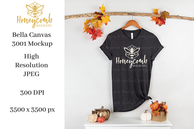 Fall Mockup, Heather Dark Grey Bella Canvas 3001 Mockup, Thanksgiving Mockup, T-Shirt Mockup Mock Up Photo Honeycomb Mockups 