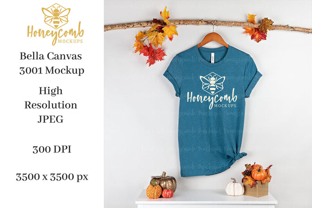 Fall Mockup, Heather Deep Teal Bella Canvas 3001 Mockup, Thanksgiving Mockup, T-Shirt Mockup Mock Up Photo Honeycomb Mockups 