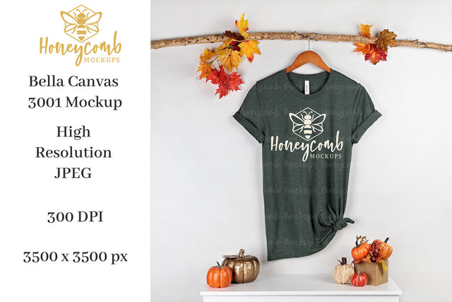 Fall Mockup, Heather Forest Bella Canvas 3001 Mockup, Thanksgiving Mockup, T-Shirt Mockup Mock Up Photo Honeycomb Mockups 