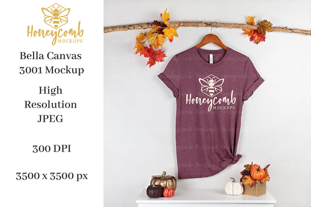Fall Mockup, Heather Maroon Bella Canvas 3001 Mockup, Thanksgiving Mockup, T-Shirt Mockup Mock Up Photo Honeycomb Mockups 