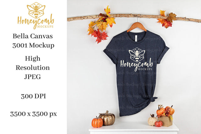 Fall Mockup, Heather Midnight Navy Bella Canvas 3001 Mockup, Thanksgiving Mockup, T-Shirt Mockup Mock Up Photo Honeycomb Mockups 