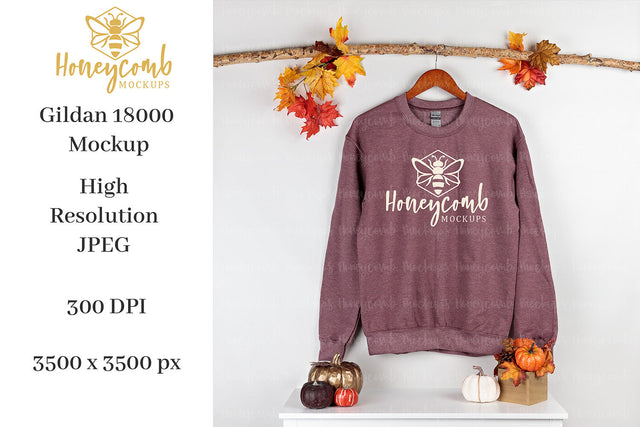 Fall Mockup, Heather Sport Dark Maroon Gildan 18000 Mockup, Thanksgiving Mockup, Sweatshirt Mockup Mock Up Photo Honeycomb Mockups 