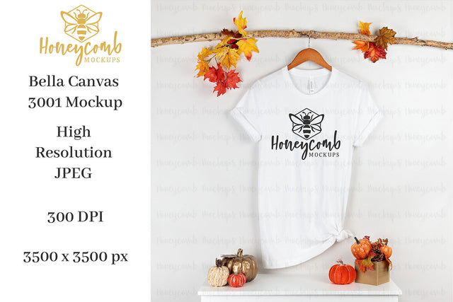 Fall Mockup, White Bella Canvas 3001 Mockup, Thanksgiving Mockup, T-Shirt Mockup Mock Up Photo Honeycomb Mockups 