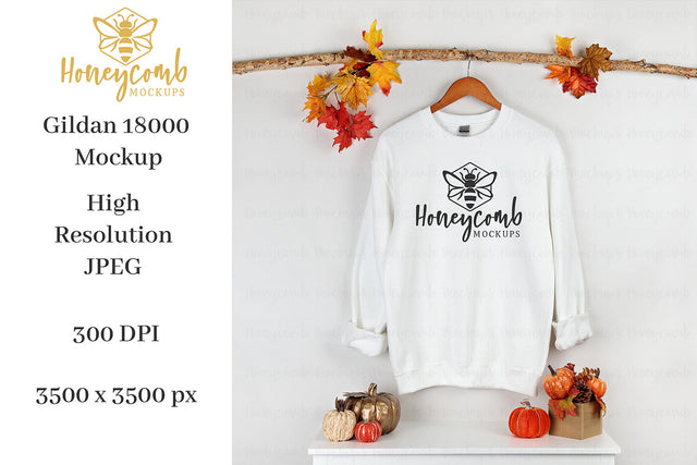 Fall Mockup, White Gildan 18000 Mockup, Thanksgiving Mockup, Sweatshirt Mockup Mock Up Photo Honeycomb Mockups 