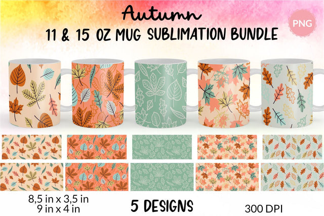 Fall Mug, Orange and Green, Autumn Mug, Leaves Mug, Autumn Vibes, Fall vibes, Floral Mug, Sublimation Coffee Mug Wrap Bundle Design. 11 Oz and 15 Oz PNG file Sublimation KatineDesign 