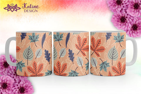 Fall Mug, Peach Orange Blue and Navy, Autumn Mug, Leaves Mug, Autumn Vibes, Fall vibes, Floral Mug, Sublimation Coffee Mug Wrap Bundle Design. 11 Oz and 15 Oz PNG file Sublimation KatineDesign 