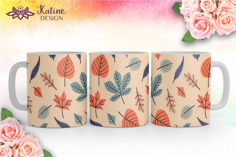 Fall Mug, Peach Orange Blue and Navy, Autumn Mug, Leaves Mug, Autumn Vibes, Fall vibes, Floral Mug, Sublimation Coffee Mug Wrap Bundle Design. 11 Oz and 15 Oz PNG file Sublimation KatineDesign 