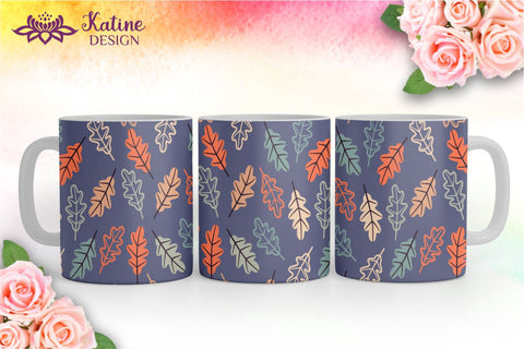Fall Mug, Peach Orange Blue and Navy, Autumn Mug, Leaves Mug, Autumn Vibes, Fall vibes, Floral Mug, Sublimation Coffee Mug Wrap Bundle Design. 11 Oz and 15 Oz PNG file Sublimation KatineDesign 