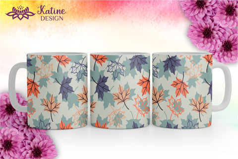 Fall Mug, Peach Orange Blue and Navy, Autumn Mug, Leaves Mug, Autumn Vibes, Fall vibes, Floral Mug, Sublimation Coffee Mug Wrap Bundle Design. 11 Oz and 15 Oz PNG file Sublimation KatineDesign 