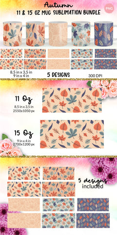 Fall Mug, Peach Orange Blue and Navy, Autumn Mug, Leaves Mug, Autumn Vibes, Fall vibes, Floral Mug, Sublimation Coffee Mug Wrap Bundle Design. 11 Oz and 15 Oz PNG file Sublimation KatineDesign 