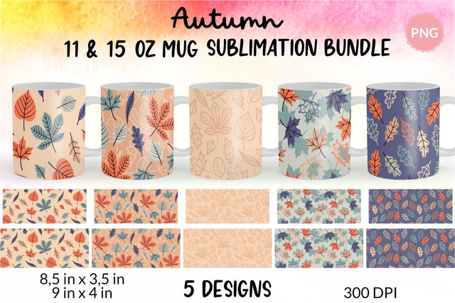 Fall Mug, Peach Orange Blue and Navy, Autumn Mug, Leaves Mug, Autumn Vibes, Fall vibes, Floral Mug, Sublimation Coffee Mug Wrap Bundle Design. 11 Oz and 15 Oz PNG file Sublimation KatineDesign 