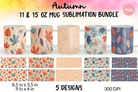 Fall Mug, Peach Orange Blue and Navy, Autumn Mug, Leaves Mug, Autumn Vibes, Fall vibes, Floral Mug, Sublimation Coffee Mug Wrap Bundle Design. 11 Oz and 15 Oz PNG file Sublimation KatineDesign 