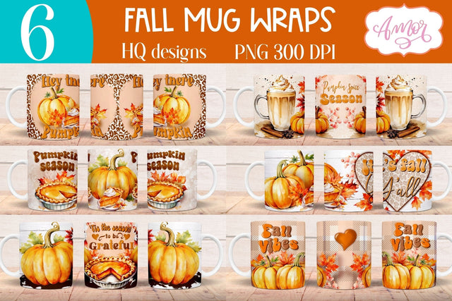 Fall mug wraps PNG for sublimation BUNDLE, 11oz 15oz mug PNG Sublimation Amorclipart 