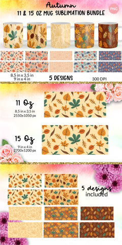 Fall Mug, Yellow Brown and Blue, Autumn Mug, Leaves Mug, Autumn Vibes, Fall vibes, Floral Mug, Sublimation Coffee Mug Wrap Bundle Design. 11 Oz and 15 Oz PNG file Sublimation KatineDesign 