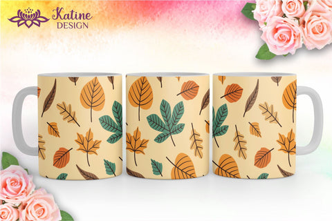 Fall Mug, Yellow Brown and Blue, Autumn Mug, Leaves Mug, Autumn Vibes, Fall vibes, Floral Mug, Sublimation Coffee Mug Wrap Bundle Design. 11 Oz and 15 Oz PNG file Sublimation KatineDesign 