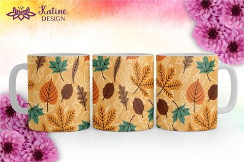 Fall Mug, Yellow Brown and Blue, Autumn Mug, Leaves Mug, Autumn Vibes, Fall vibes, Floral Mug, Sublimation Coffee Mug Wrap Bundle Design. 11 Oz and 15 Oz PNG file Sublimation KatineDesign 