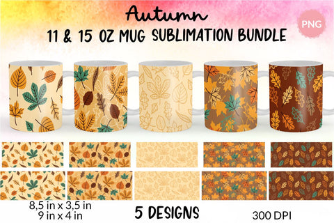 Fall Mug, Yellow Brown and Blue, Autumn Mug, Leaves Mug, Autumn Vibes, Fall vibes, Floral Mug, Sublimation Coffee Mug Wrap Bundle Design. 11 Oz and 15 Oz PNG file Sublimation KatineDesign 