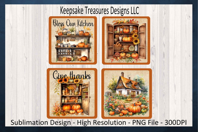 Fall Pumpkin Coasters Sublimation Design, Autumn Coaster PNG Template, Rustic Farmhouse Coaster Decor, Instant Digital Download, Home Decor Sublimation Keepsake Treasures Designs LLC. 