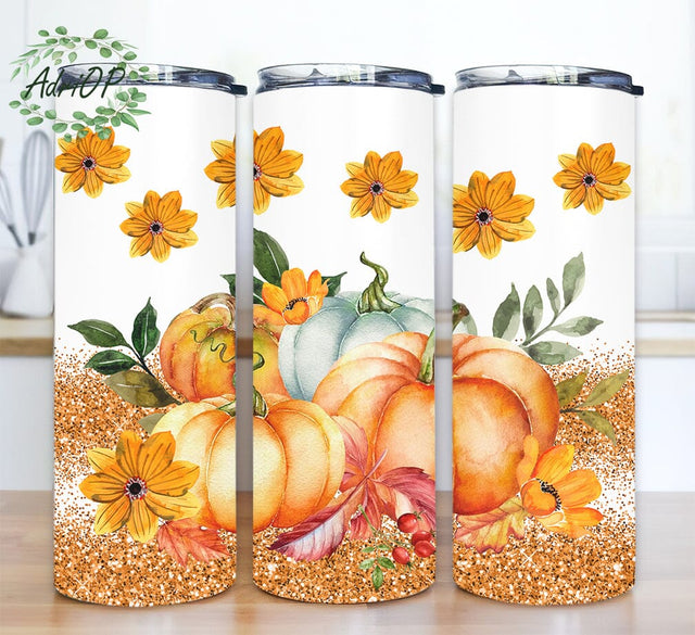 Fall Pumpkins And Orange Glitter 20oz Skinny Tumbler Png, Orange Pumpkin Tumbler, Gold Glitter Tumbler Png, Fall Tumbler Bundle, Pumpkin Png Sublimation AdriOP 