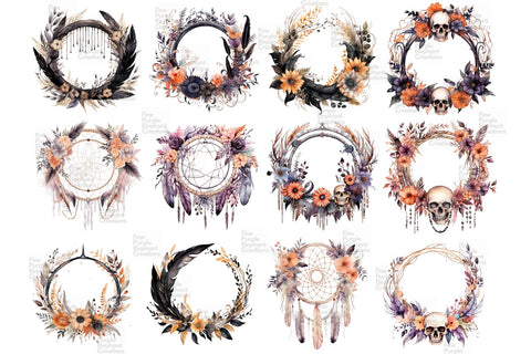 Fall Purple Boho Skulls Wreath Clipart Sublimation Fine Purple Elephant Creations 